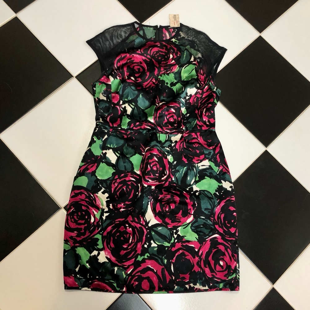 NWT Nanette Lepore Daring Rose Silk Sheath Mini Dress Sheer Mesh Panels Floral 8 - Picture 5 of 12